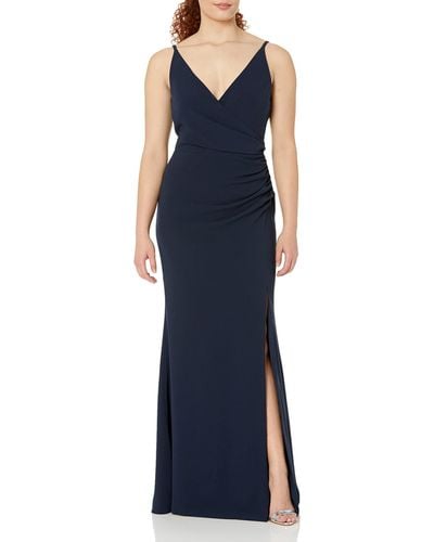 Dress the Population Jordan Plunging Drape Front Sleeveless Long Gown With Slit Dress - Blue