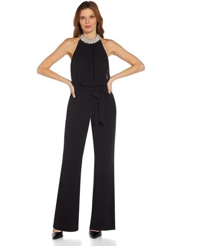 Adrianna Papell Stretch Crepe Chiffon Blousson Jumpsuit With Pearl Necklace - Black