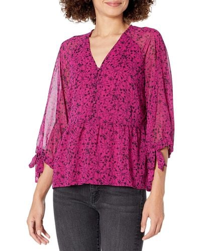 Kensie Floral Vines Printed 3/4 Sleeve Button Front Blouse Top - Red