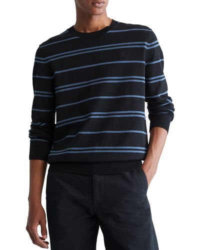Calvin Klein Compact Cotton Stripe Crewneck Sweater - Blue