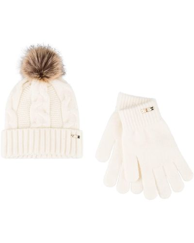 Jessica Simpson Fur Pom Cable Knit Beanie And Glove Set - Natural