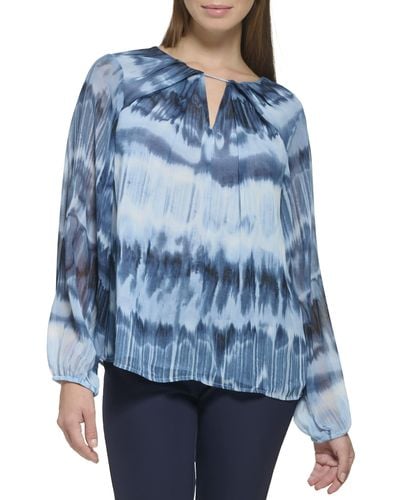 Calvin Klein Essential Shirred Front Longsleeve Printed Blouse - Blue