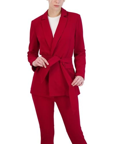 BCBGeneration Relaxed Open Front Blazer Long Sleeve Notch Lapel Pocket Detachable Sash Belt Jacket - Red