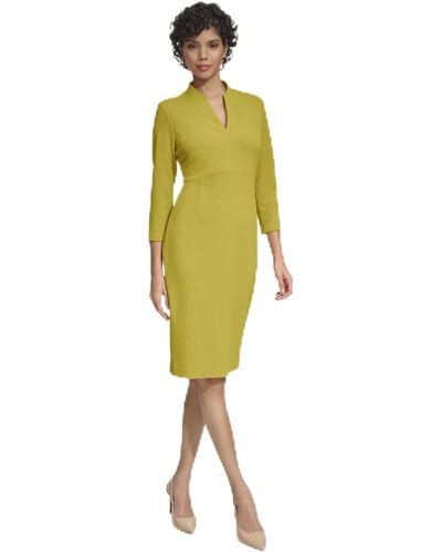 Calvin Klein Scuba Crepe Long Sleeve Sheath Dress - Yellow
