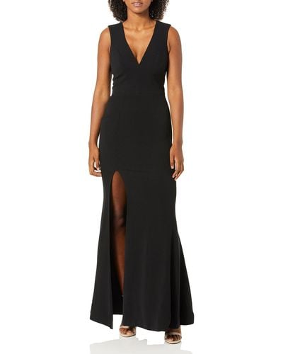 Dress the Population Womens Sandra Plunging Thick Strap Solid Gown With Slit Dress - Black