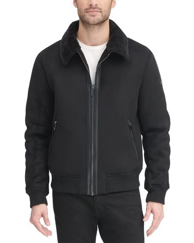 DKNY Mens Shearling Bomber Jacket With Collar Faux Fur Coat - Black