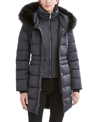 Tahari Puffer Jacket With Faux Fur Trimmed Hood - Gray