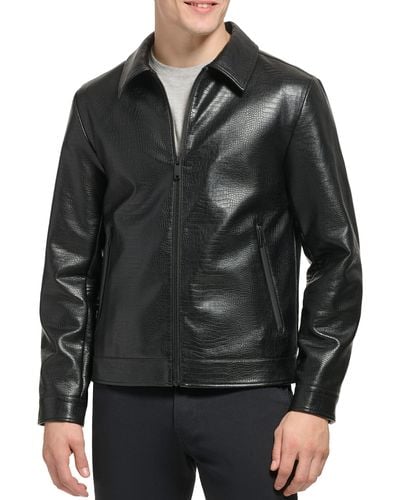 DKNY Faux Leather Classic Laydown Collar Bomber Jacket - Black