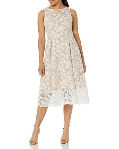 Adrianna Papell Womens Embroidered Tea Length Cocktail Dress - Natural