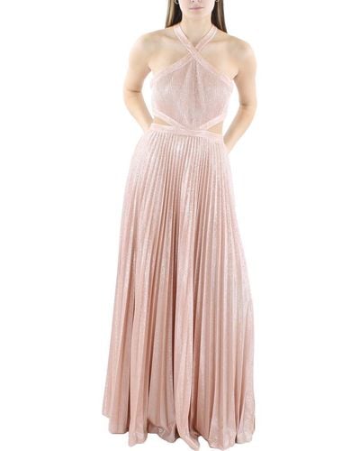 BCBGMAXAZRIA Fit And Flare Sleeveless Floor Length Evening Dress Halter Neck Cut Outs - Pink