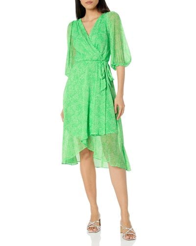 DKNY Balloon Half Sleeve Faux Wrap Midi Dress - Green
