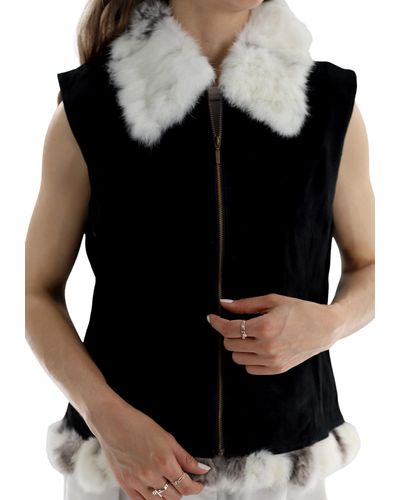 La Fiorentina Suede Leather Vest With Fur Trim - Black