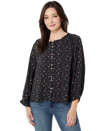 Lucky Brand Printed Button-down Long Sleeve Blouse - Black