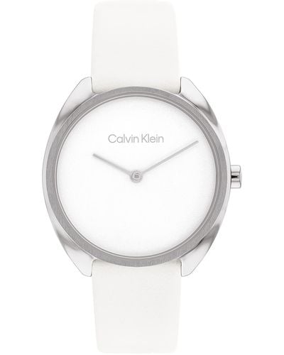 Calvin Klein Quartz 25200274 Stainless Steel And Leather Strap Watch - White