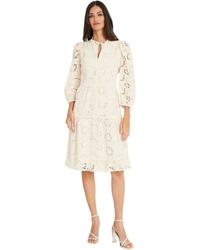 Maggy London Mini Ruffle Mock Neck Eyelet Dress With Tiered Skirt - White