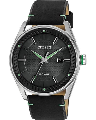Citizen Eco-drive Weekender Watch In Stainless Steel With Black Leather Strap