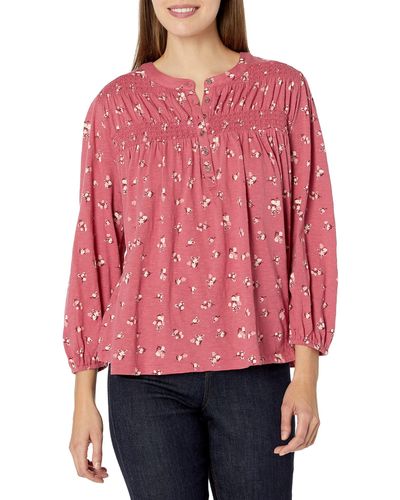 Lucky Brand Womens Long Sleeve Smocked Yoke Top Button Down Shirt - Red