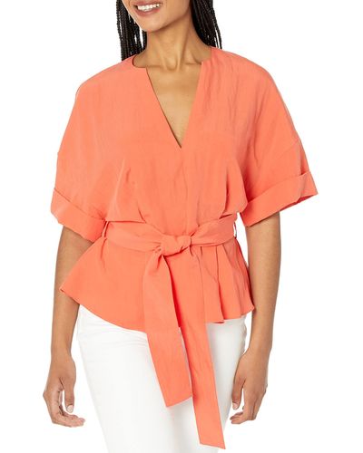 Vince S Cuffed S/s V-neck Blouse,burnt Orchid,xx- Small - Orange