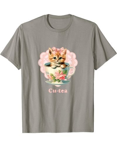 Champion Cute Kitten Kawaii Cat In Tea Cup Coquette Style T-shirt - Gray