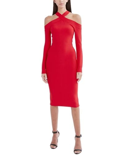 BCBGMAXAZRIA Long Sleeve Sweater Cocktail Dress With Cold Shoulder - Red