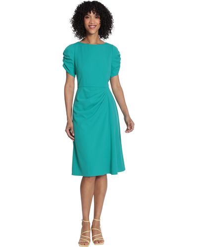 Maggy London Ruched Sleeve And Side Waist Detail Scuba Crepe Fit And Flare - Blue
