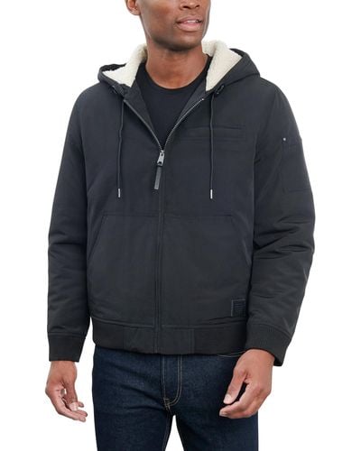 Lucky Brand Bomber Jacket With Faux Sherpa Lined Hood - Blue
