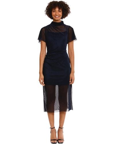 Donna Morgan Slip Dress With Sheer Midi Mock Neck Overlay Party Night Out Event Guest Of - Black
