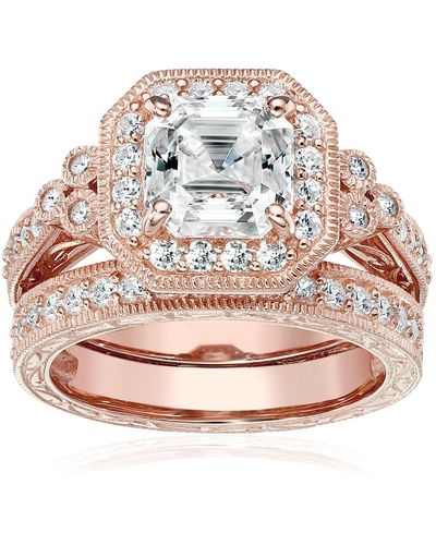 Amazon Essentials Rose-gold-plated Sterling Silver Antique Ring Set With Asscher-cut Infinite Elements Cubic Zirconia - Pink