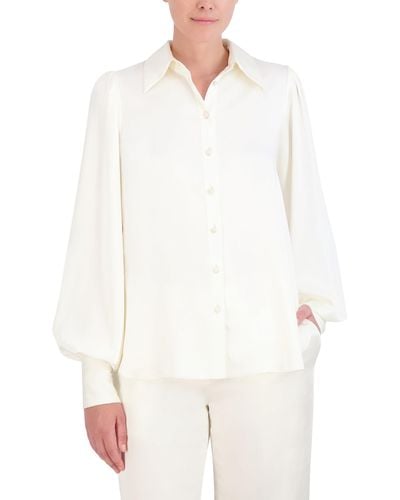 BCBGMAXAZRIA S Collar Neck Long Balloon Sleeve Satin Shirt - White