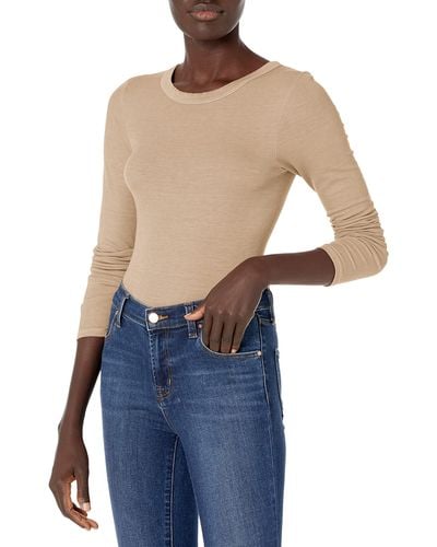 Enza Costa Womens Stretch Silk Rib Fitted Long Sleeve Crew Neck Top T Shirt - Natural