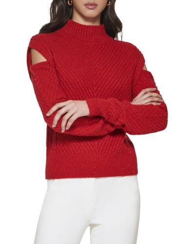 DKNY Cold-shoulder Cable Knit Long Sleeve Sweater - Red
