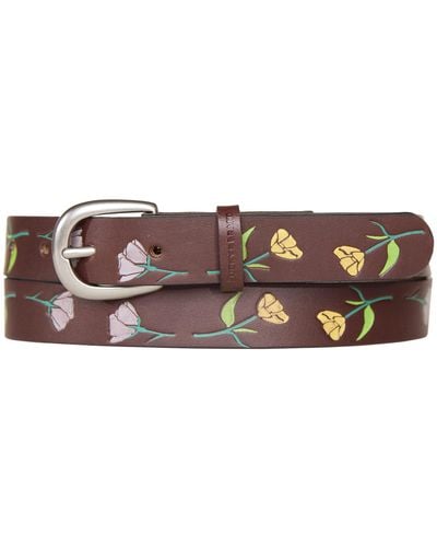 Lucky Brand Skinny Leather Jean Belt With Floral Embossed And Handpainted Design - Brown