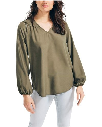 Nautica Womens Long Sleeve V-neck Woven Shirt Blouse - Green
