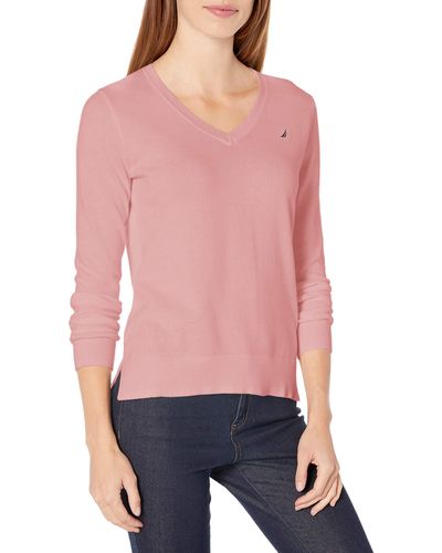 Nautica Effortless J-class Long Sleeve 100% Cotton V-neck Sweater - Red