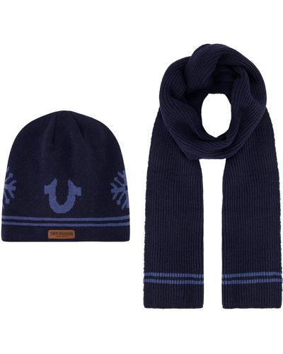 True Religion Beanie Hat And Scarf Set - Blue