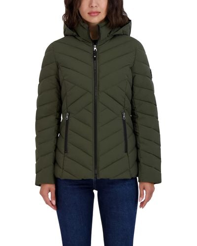 Nautica Short Stretch Lightweight Puffer Jacket With Removeable Hood - Green