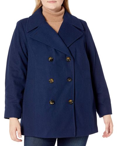 London Fog Womens Double-breasted Peacoat With Scarf Pea Coat - Blue