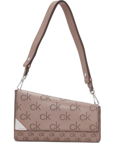 Calvin Klein Basalt Signature Embossed Asymmetric Triple Compartment Convertible Shoulder Bag - Gray