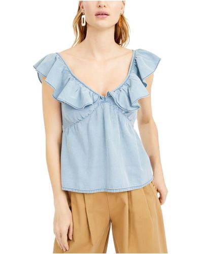 French Connection Womens Chambray Ruffle Tops Blouse - Blue
