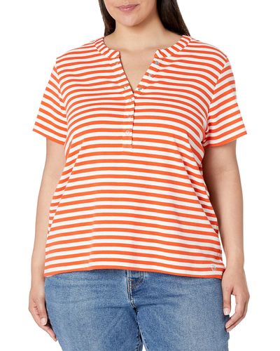 Calvin Klein Plus Size 1x1 Rib Cotton Twist Detail Short Sleeve V Neck T Shirt - Orange