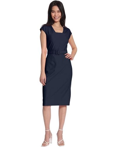 Maggy London Petite Square Neck Cap Sleeve Belted Dress With Pencil Skirt - Blue