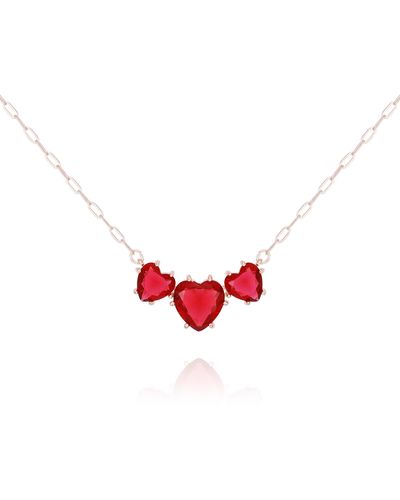 Guess Goldtone Three Pink Heart Charm Dainty Necklace - Red