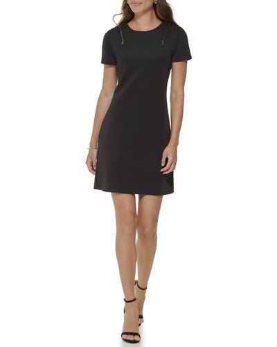 DKNY Short Sleeve Scuba Sheath Dress With Zipper Detail - Black