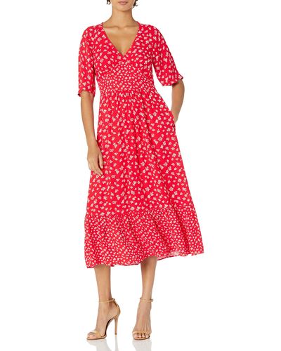 French Connection Fayola Drape Midi Tea Dress Casual - Red