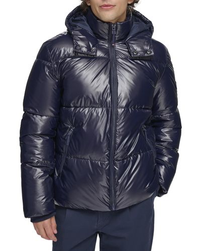 Tommy Hilfiger Shiny Quilted Puffer With Patch Logo Jacket - Blue