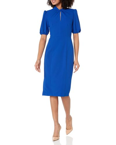 Donna Morgan Short Puff Sleeve Twist Neck Sheath Dress With Keyhole - Blue