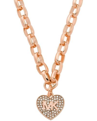 Michael Kors Brass And Pavé Crystal Mk Logo Heart Pendant Necklace For - Metallic