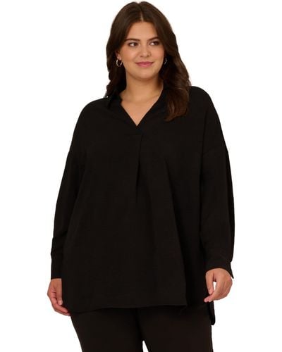 Adrianna Papell Plus Size Textured Airflow V-neck Johnny Collar Blouse - Black