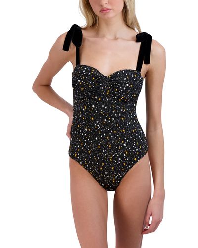 BCBGeneration Sleeveless Fitted Corset Bodysuit Tie Straps Sweetheart Neck Ruched Bust Snap Closure One Piece - Black