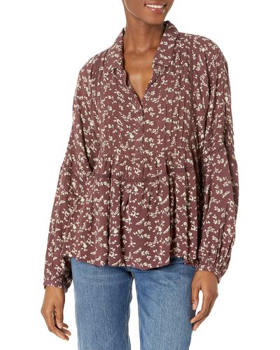 Lucky Brand Long Sleeve Printed Popover Top - Red